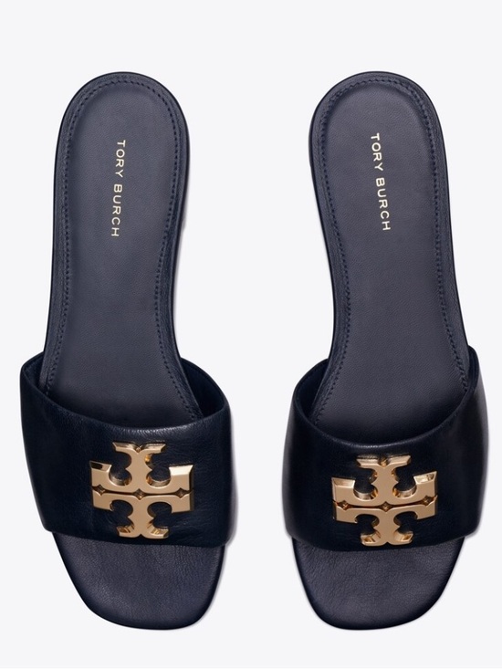 Tory Burch Shoes - Tory Burch Everly Slide Sandals Leather GOLD Logo Perfect Black Size 7